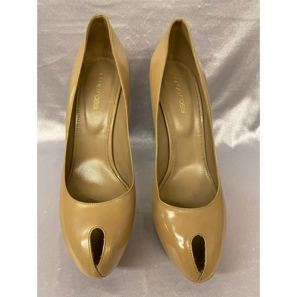 SERGIO ROSSI SHOES CACHET PEEP TOE PLATFORM PUMPS BEIGE TAUPE $730 39.5 9.5 Used